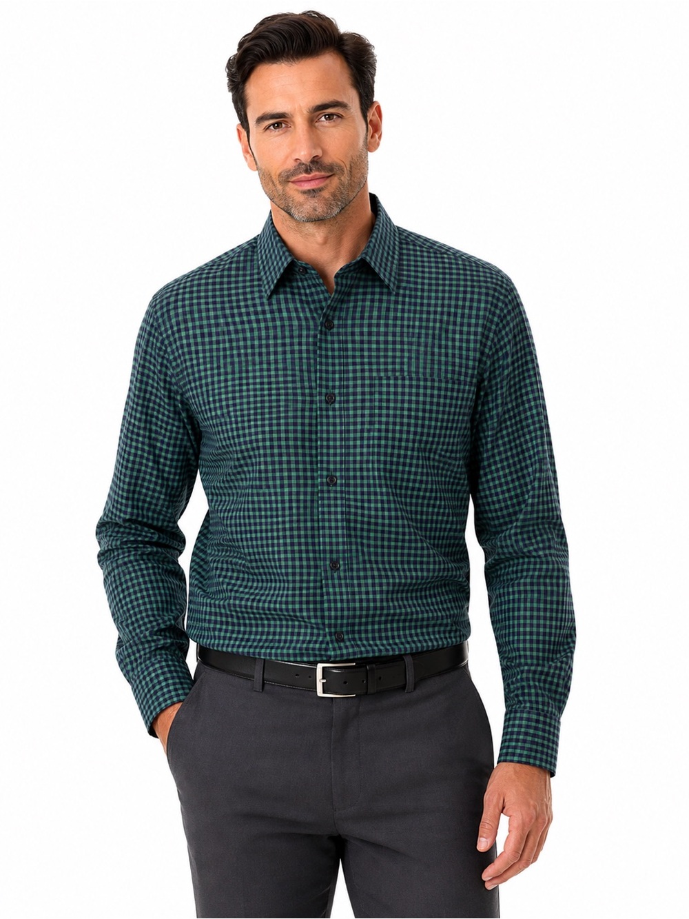 Men's Green Plaid Button-Up Shirt - Classic Fit - 1005